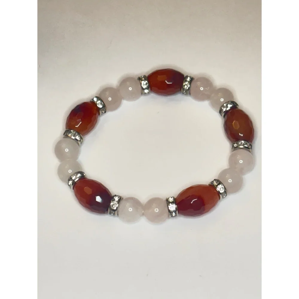 Carnelian Rose Quartz Crystal Rondelle Stretch Bracelet Beaded Gemstone 7 Inch